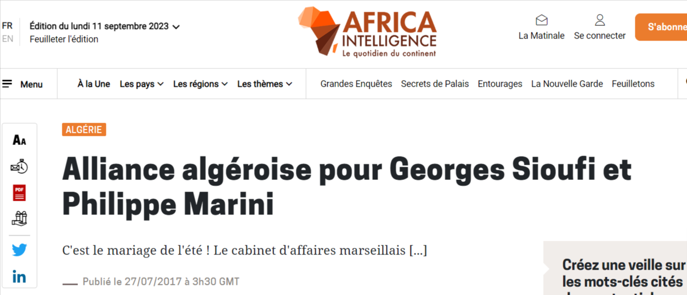 AFRICA INTELLIGENCE – ALLIANCE ALGEROISE POUR GEORGES SIOUFI ET PHILIPPE MARINI